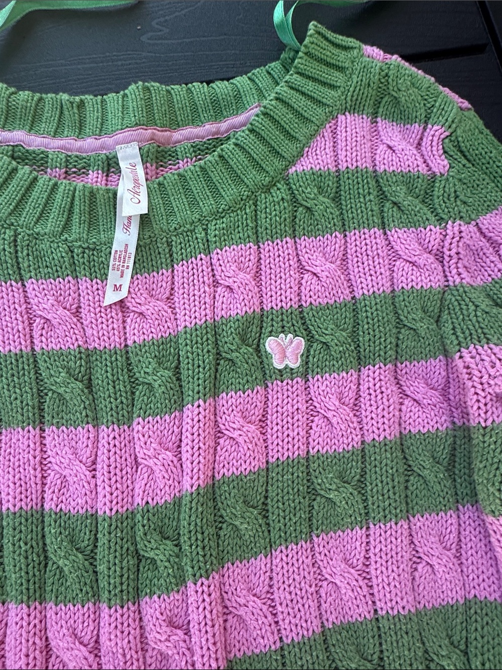 Aero Striped Cable-Knit Scoop Neck Sweater - Pink & Green - Picture 5 of 8